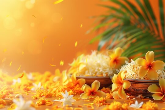 Happy Onam. An ancient Hindu festival of Kerala that celebrates rice harvest. onam sadya, rice from the new harvest, banana leaves, payasam, mixture of milk, sugar