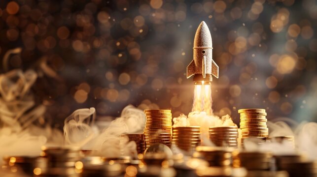 A rocket ship launching from a launchpad constructed from stacks of gold coins, symbolizing the potential for high returns in investment.