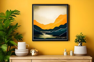 1. A framed poster showcasing majestic mountains in the distance, with a clear blue sky above.