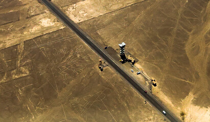 Aerial shot of the Nazca Lines in Nazca, Peru. The lines were created by the Nazca People around 400AD and can only been seen from the air