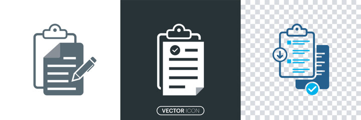 Clipboard with Document Symbol Set. Audit document icon in flat style. Containing clipboard with checkmark, Accepted Report Symbol Collection. vector illustration.