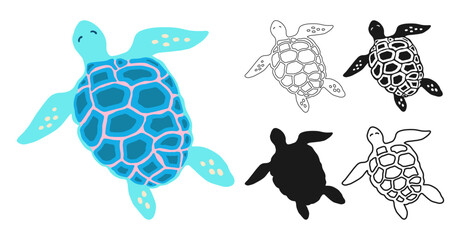 Sea turtle cartoon sign set. Ocean tortoise swimming animal funny kids flat silhouette, symbol icon linear design. Simple comic cute children drawing. Tropical marine animal art vector illustration