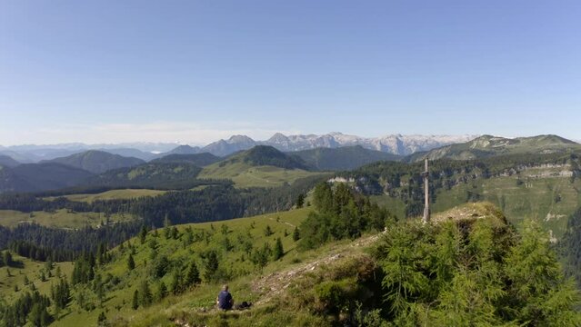 Drone flight over the summit of the Wieslerhorn in the Osterhorn group, Postalm, Salzkammergut, Salzburg province, Austria, Europe