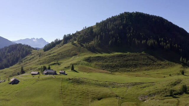 Drone flight over the Labenbergalm with Labenberg, Postalm, Osterhorngruppe, Salzkammergut, Land Salzburg, Austria, Europe