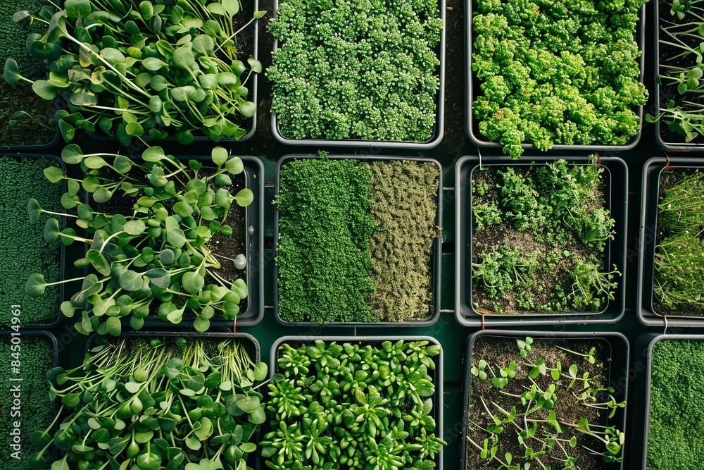 Poster A top-down view of a microgreen farm featuring rows of trays filled with various types of microgreens. The green shoots are thriving, showcasing the freshness and vitality of these young plants. 