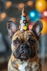 A French Bulldog wearing a party hat sits in a festive setting