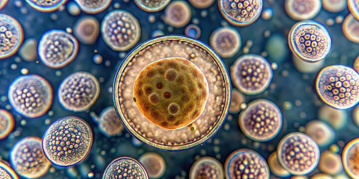 Close-up of yeast cell under a microscope with gram stain technique, microbiology, science, research, cellular, biology, laboratory, yeast, fungi, stain, microscope, close-up, magnification