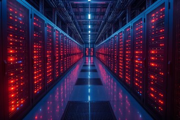 Fototapeta premium Modern red and blue lit data center aisle