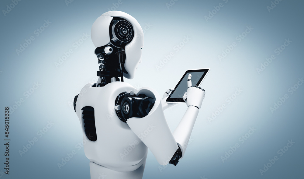 Poster mlp 3d illustration robot humanoid using tablet computer in future office while using ai thinking br