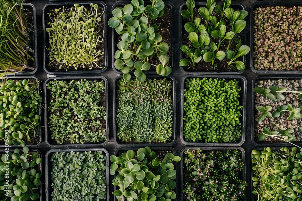 Poster A top-down view of a microgreen farm with rows of trays filled with a variety of microgreens, showing a diverse selection of seedlings at different stages of growth. Generative AI