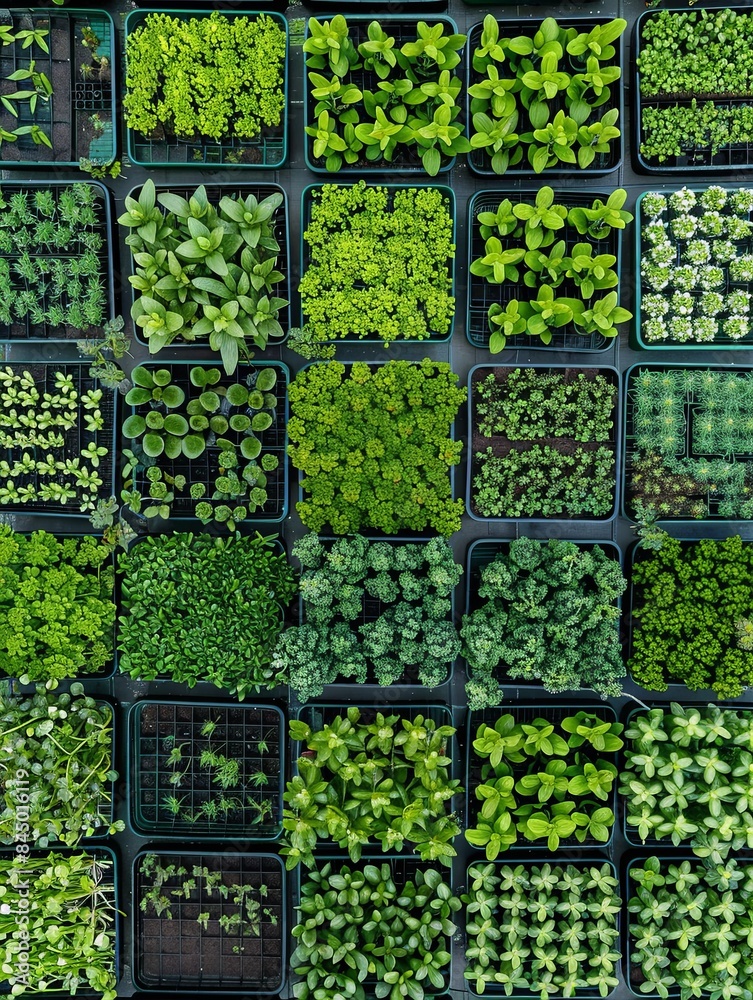 Leinwandbilder An aerial view of a microgreen farm showcasing trays filled with various types of growing microgreens. Generative AI