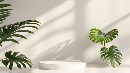 3D product presentation background with white podium and monstera leaf.