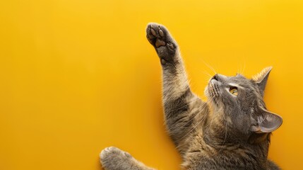 Fototapeta premium Grey cat stretching paw on yellow background top view with copy space
