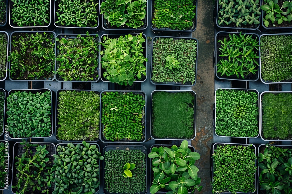 Poster A top-down view of a microgreen farm showcasing rows of trays filled with various types of microgreens. Generative AI