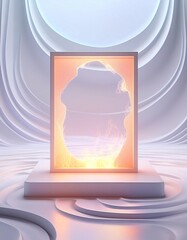 3d render, Podium with a fiery square frame against a background of liquid waves background