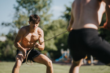 Two young men working out with resistance bands in a park on a sunny day, showcasing fitness,...