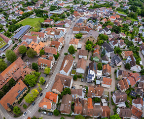 Aerial view around the old town of the city Güglingen on a sunny day in Germany.	