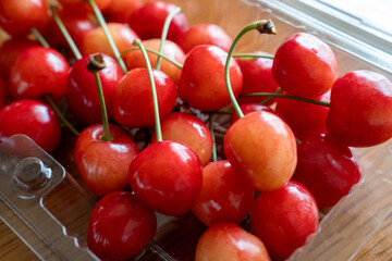 パックに入ったみずみずしい赤いサクランボ