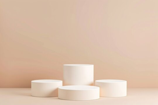 four 3D realistic tiered podium standing on a pastel beige background