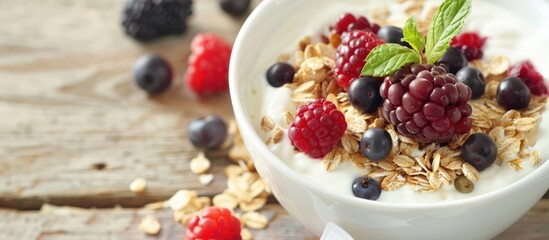 Breakfast bowl of yogurt topped with berries and muesli.