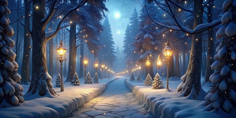 Snowy path in Christmas forest with fairy lights on trees, winter, holiday, landscape, snowy, scenic, pine trees, magical, serene, peaceful, festive, illumination, Xmas, background, forest