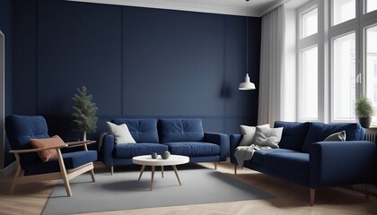 Fototapeta premium Dark blue sofa and recliner chair in scandinavian apartment. Interior design of modern living room. Created with generative ai.