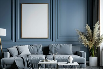 Blue living room with sofa, lamp, and framed picture modern and cozy interior design concept for home decor