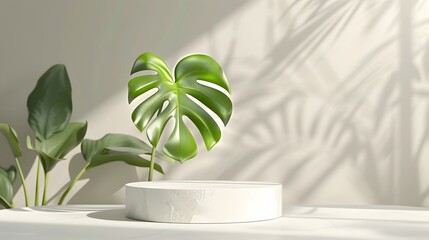 3D product presentation background with white podium and monstera leaf.
