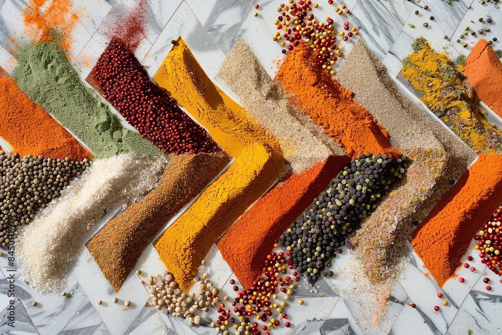 Poster a close-up shot of various spices, such as turmeric, coriander, and paprika, arranged in a diagonal 