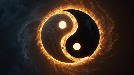 Yin and Yang symbols swirling together, with one radiating warm light and the other cool light.