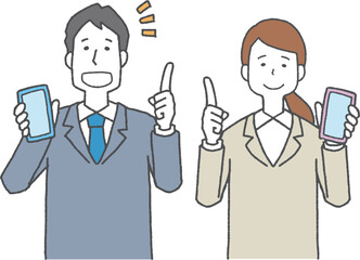 スマホを持って説明する男女