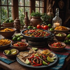 A beautiful table spread with fajitas and Mexican decor.

