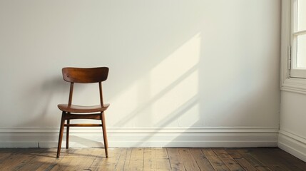 A lone chair on a hardwood floor next to a white wall