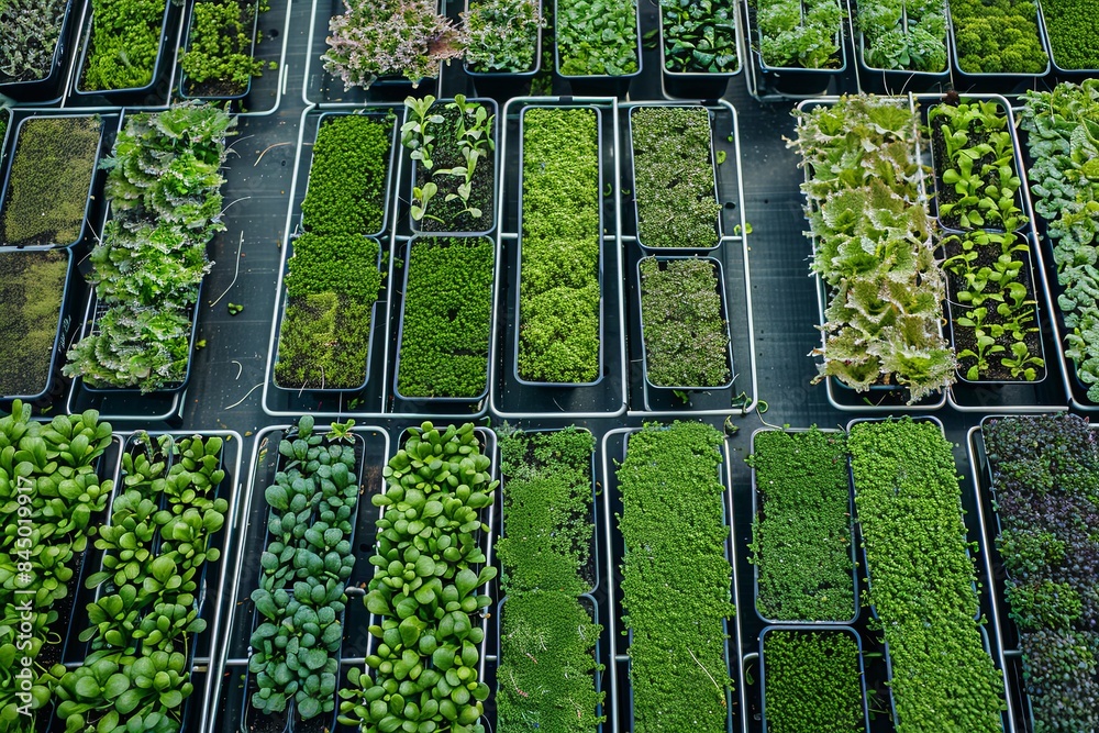 Poster A top-down view showcasing a microgreen farm with rows of trays filled with various types of microgreens. Generative AI