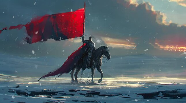 Brave lone knight riding gallantly on horseback across a vast and empty landscape
 Seamless looping 4k time-lapse virtual video animation background. Generated AI