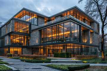 Obraz premium A modern architectural structure, possibly a hotel, with a prominent glass facade that reflects the surrounding environment.