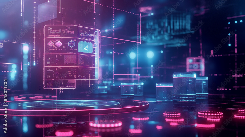 Poster online data backup system virtual display futuristic digital business data management software techn