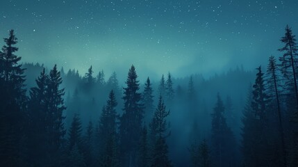 Fototapeta premium Enchanted Starry Night Over Misty Forest