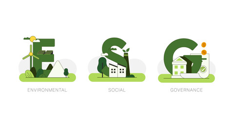 ESG as environmental, social and governance concept.Sustainable of Green ecology and alternative renewable energy. Flat Vector illustration.