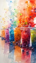 Colorful watercolor painting of bubble tea cups with vibrant pigments and reflections, showcasing creative drink artwork.
