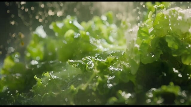 A close up of a bunch of green lettuce leaves that are being watered. The water droplets are falling on the leaves, making them look fresh and vibrant. Concept of growth and renewal