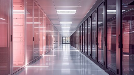 A clean, modern server room hallway with rows of glass-fronted cabinets. The bright lighting creates a sterile, high-tech atmosphere.