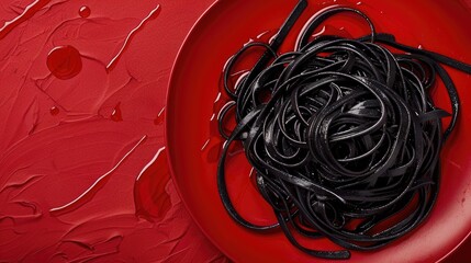 Black pasta served on a crimson plate