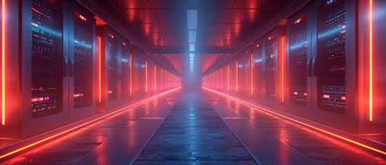 Neon lights illuminate a futuristic corridor.