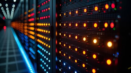 Obraz premium Rows of glowing server racks in a data center, showcasing the heart of modern technology.