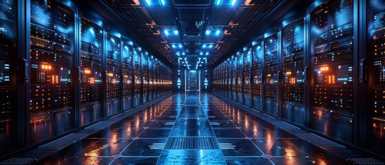 Blue lit hallway in server room with rows of equipment.