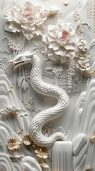 Fototapeta premium Volumetric stucco shape on concrete wall with a curvaceous snake, golden elements, Chinese landscape, waterfalls, mountains, peonies, small bridges and flowing water, people's homes, wealth and nation