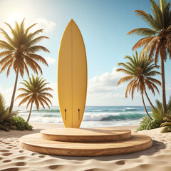 product stage podium showcase mockup with beach and surfboard background