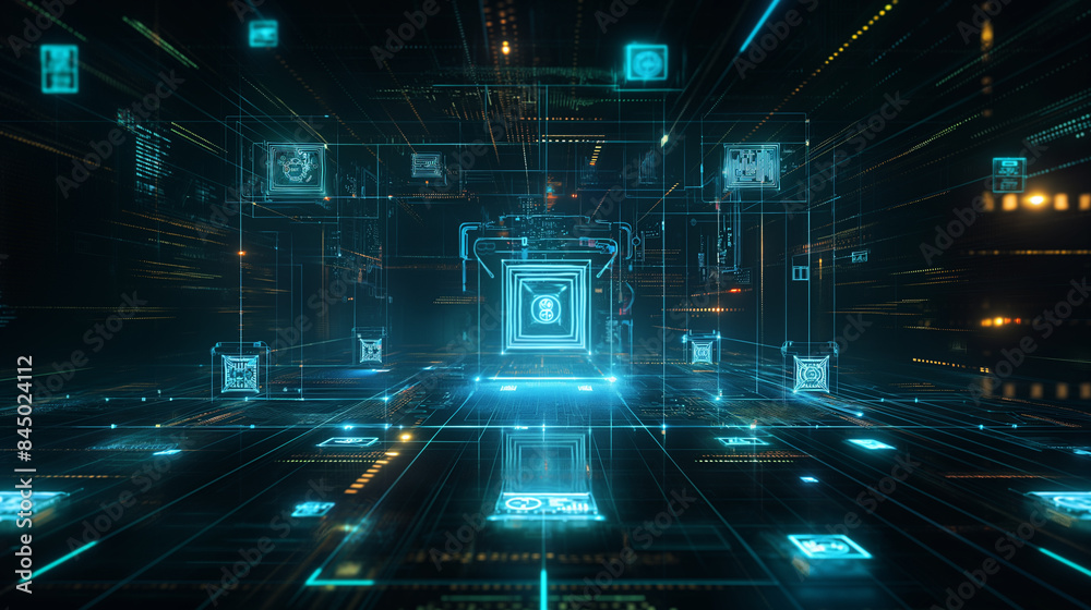Poster online data backup system virtual display futuristic digital business data management software techn