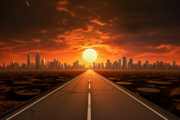 Fototapeta premium Empty road leading into a city a sunset 
